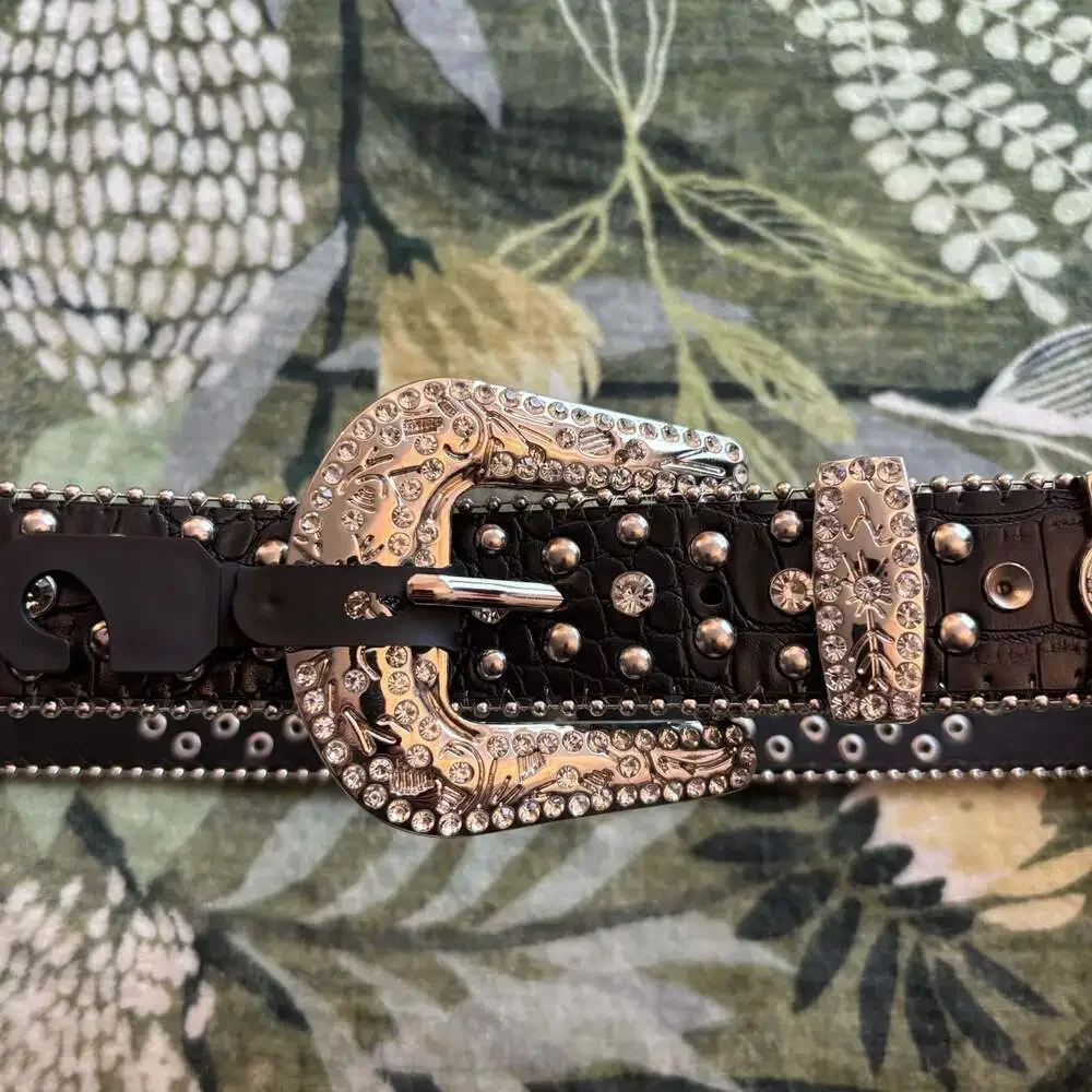 Y2K McBling Western Rhinestone and Cross Studded Black Crocodile Print Belt